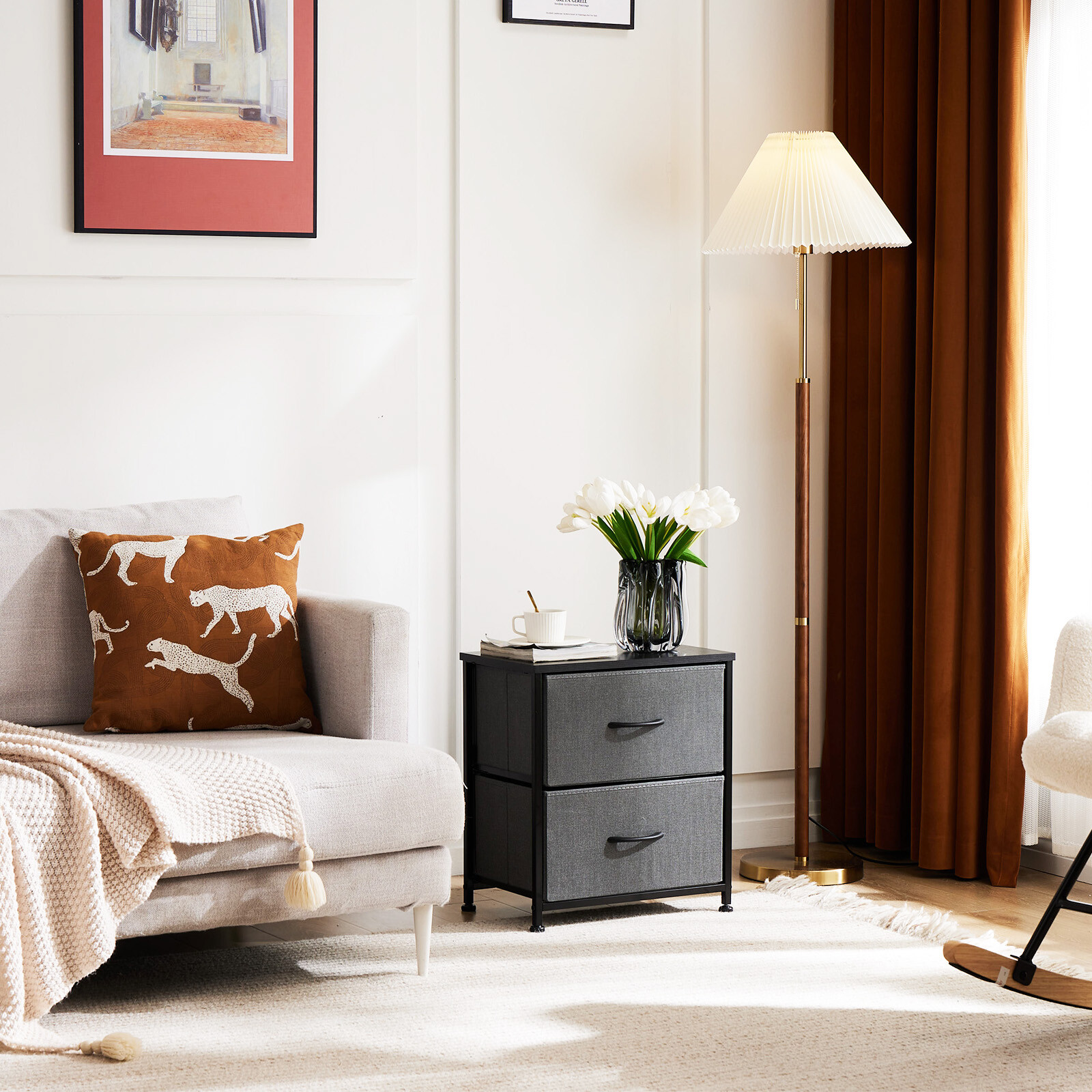 2Pcs Small Nightstand w/2 Fabric Drawers Bedroom End Side Table Bedside Table