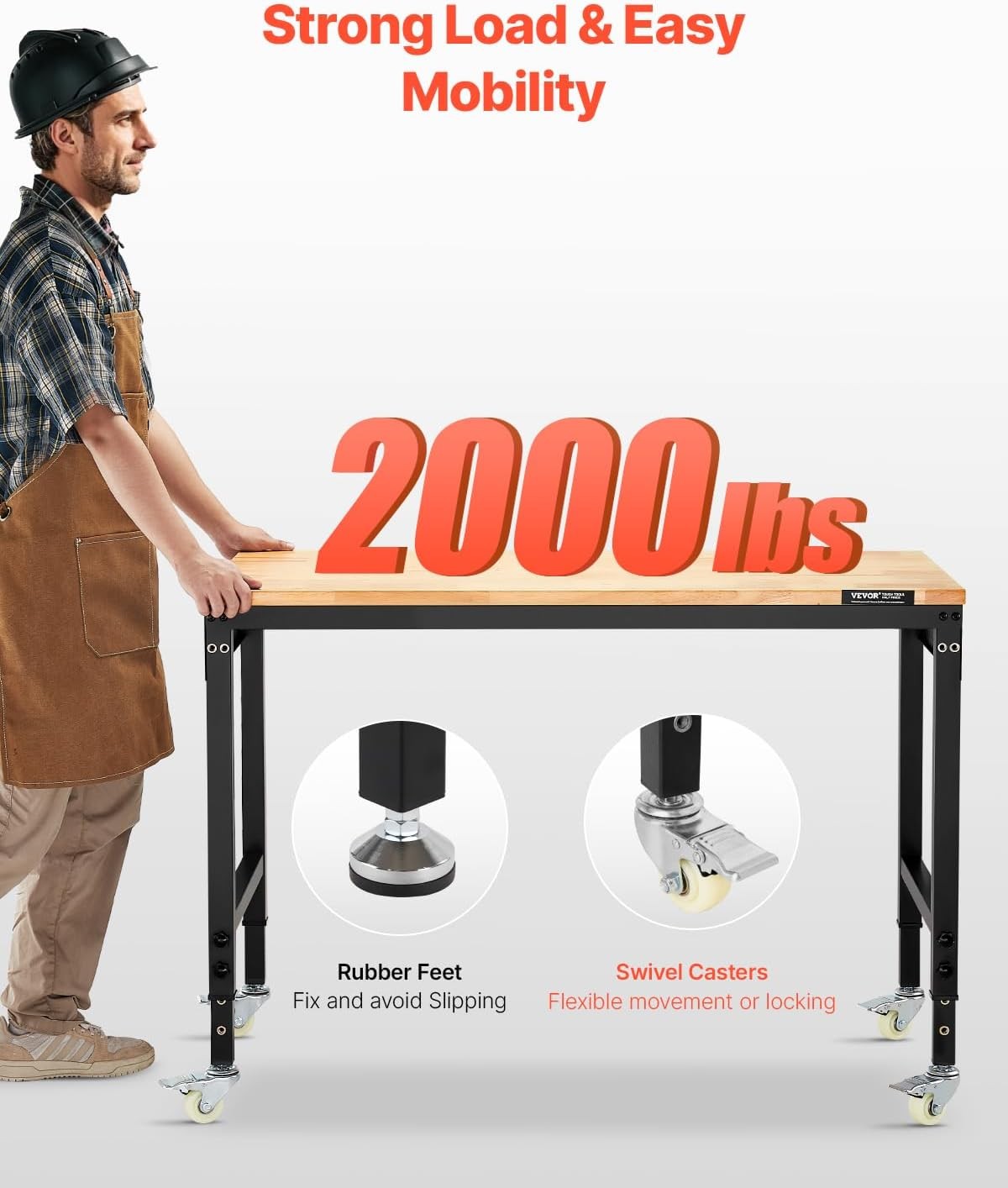 VEVOR Adjustable Workbench 48in Power Outlet Wheels 2000lbs