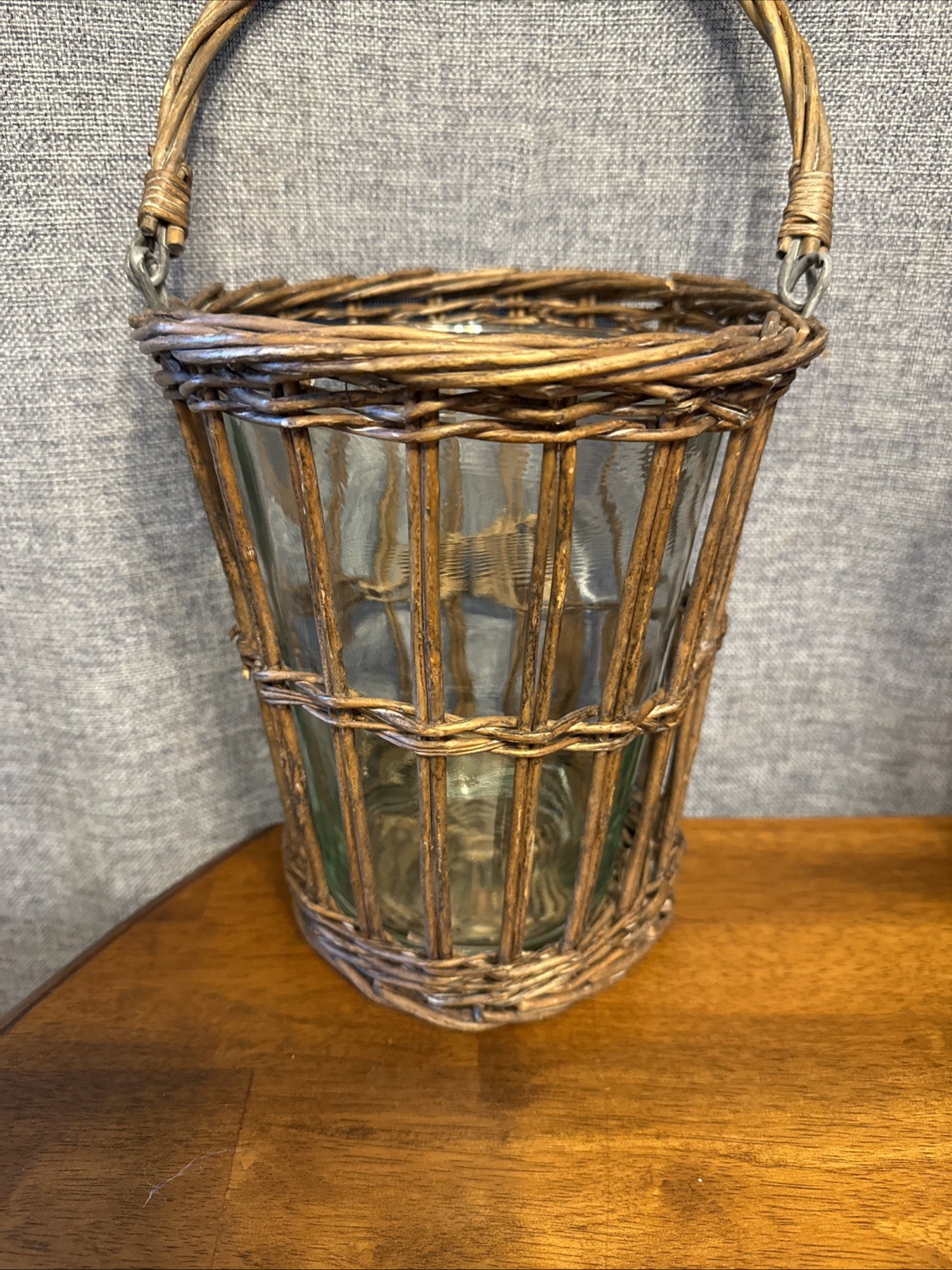 Lot of 2 Vintage Wicker Baskets With Glass Insert Plant Candle Flower Handles