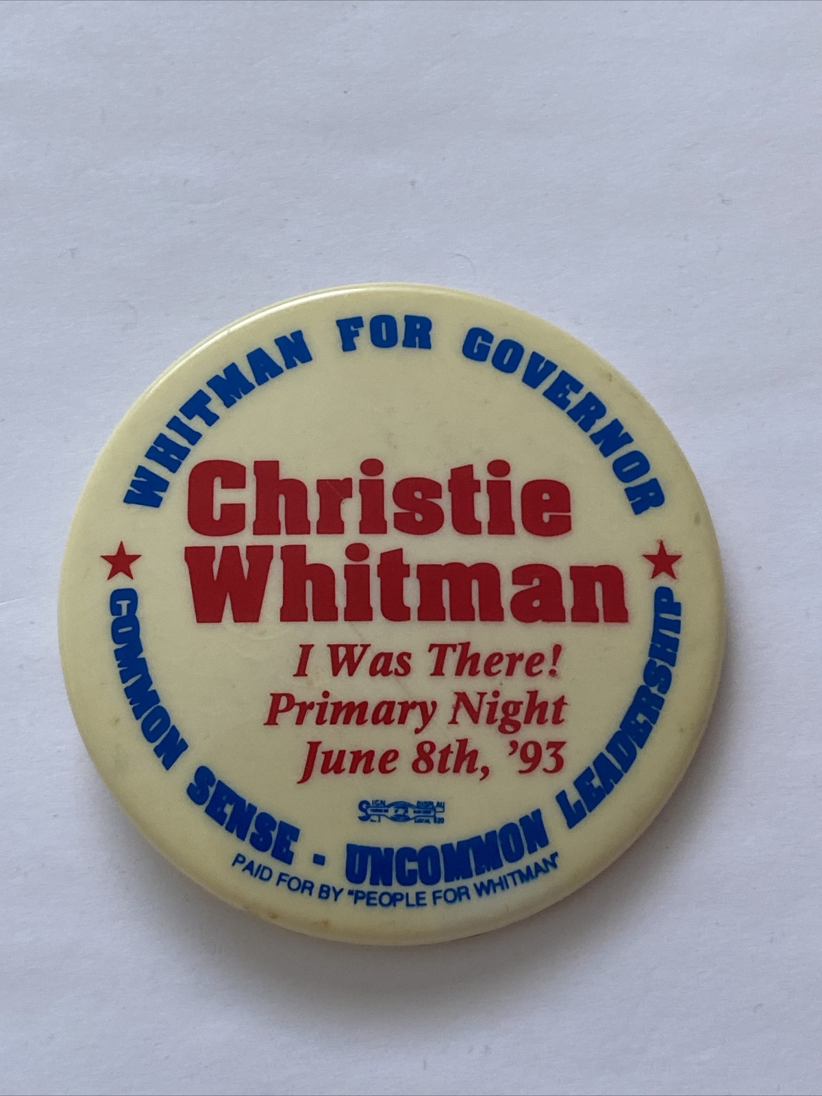 1993 Christie Whitman for New Jersey Governor 3" Button Primary Campaign Pinback