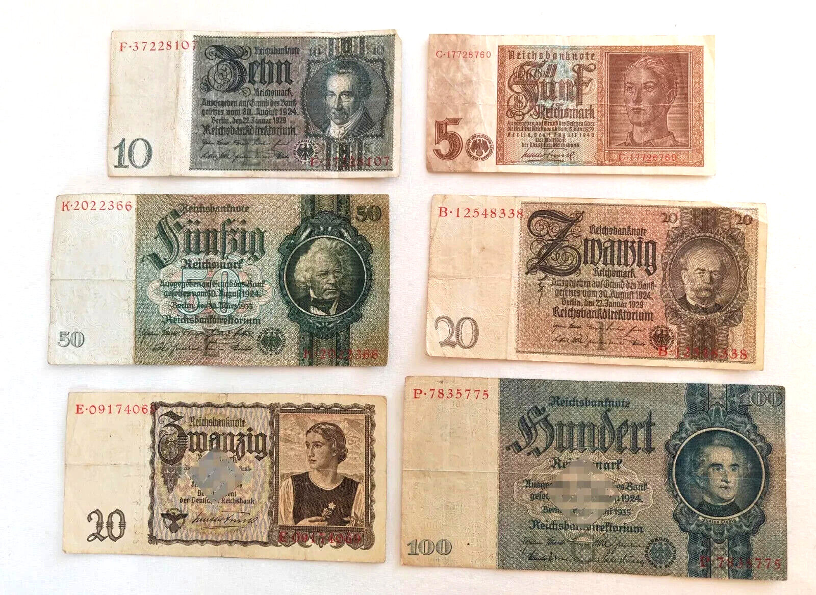 Set of 6 Genuine German Reichsmark Banknote 1929-1939