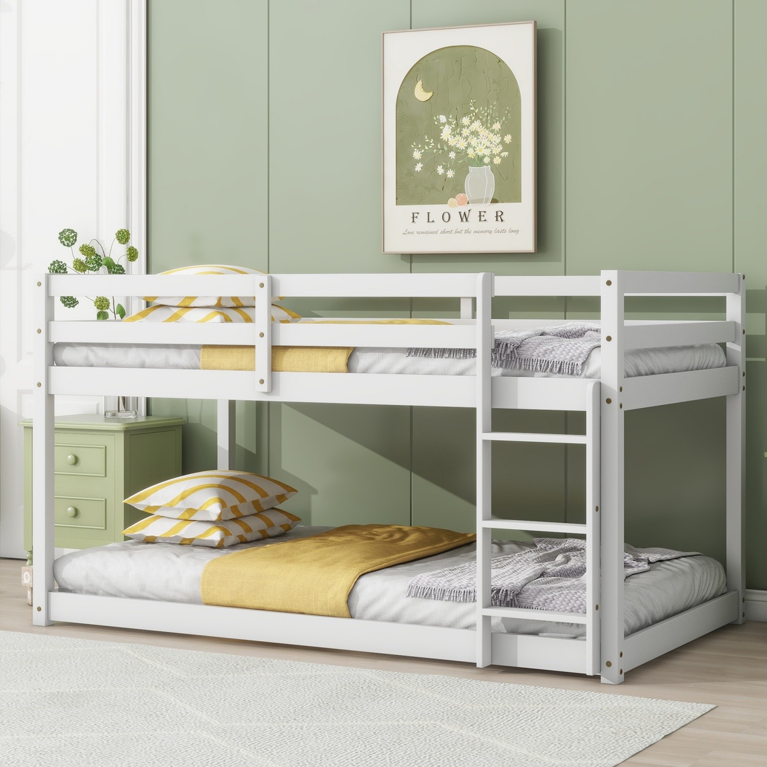 Twin Over Twin Bunk Bed Wooden Twin Size Bed Frame with Ladder White/Gray/Pink