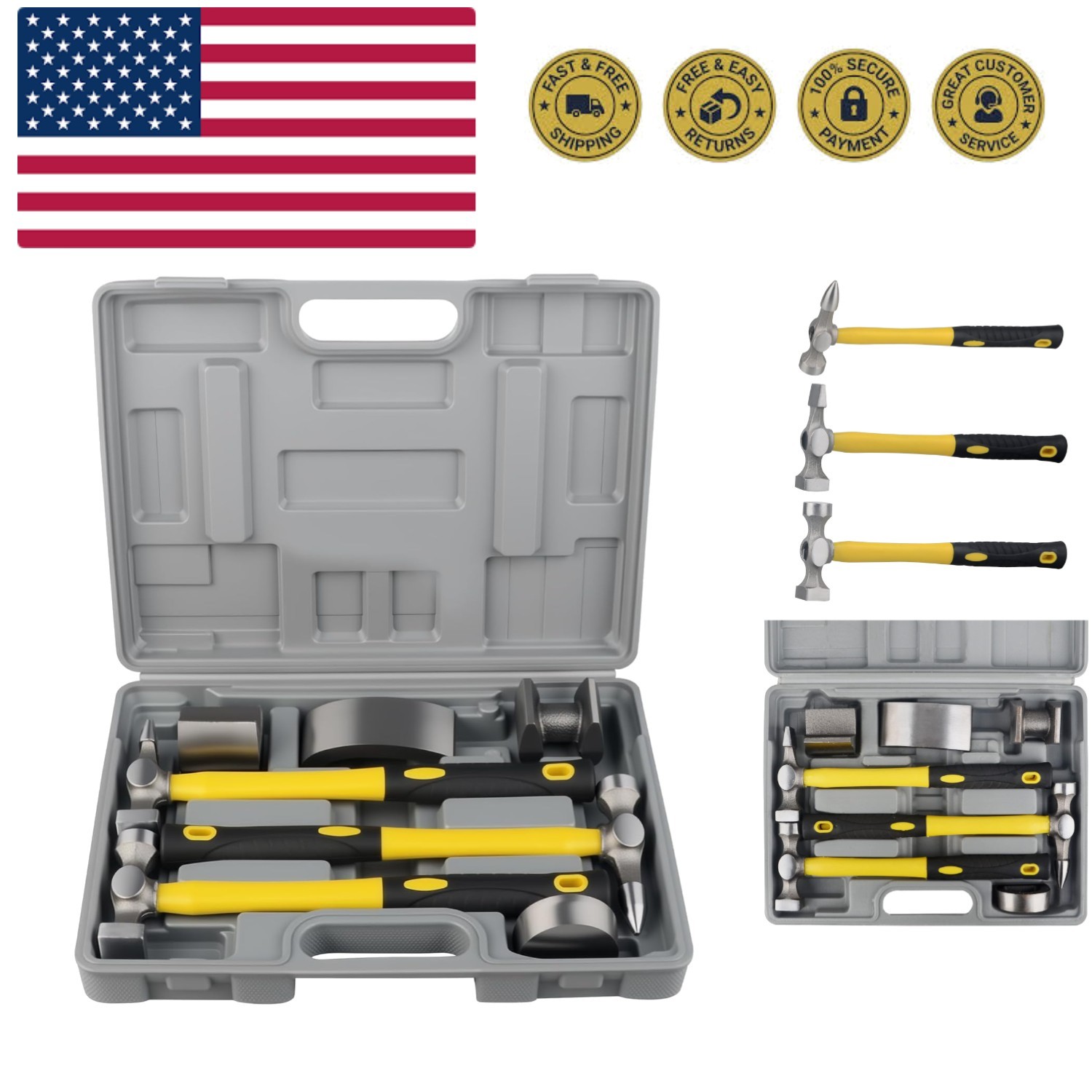 7Pcs Auto Body Repair Kit, Craft Panel Beating Hammer and Dolly Set Hammer De...