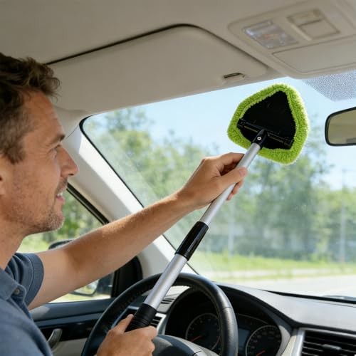 Microfiber Car Windshield Cleaning Tool with Extendable Handle,Car green
