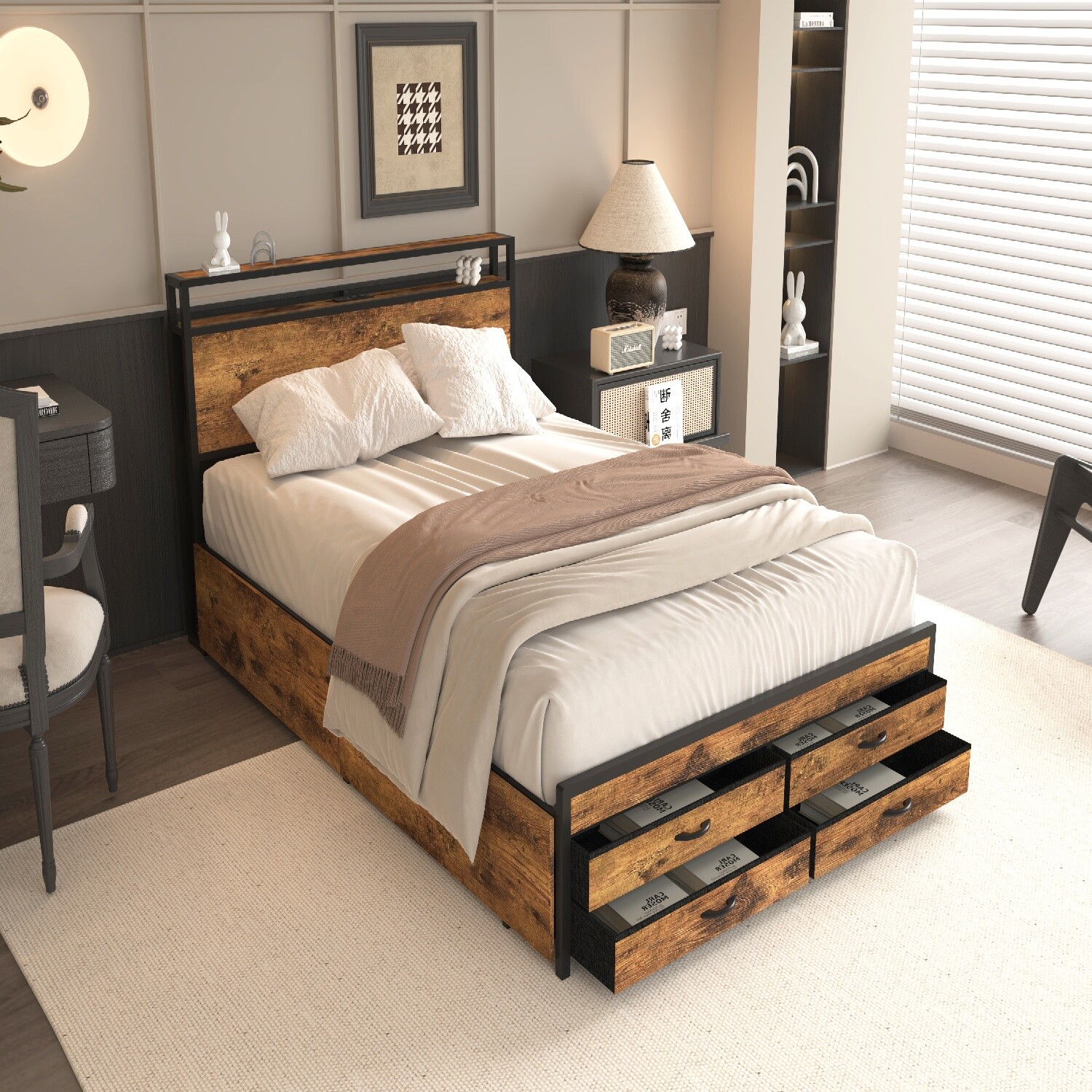 Full/Queen Size Bed Frame w/ LED Headboard & USB Ports Metal Platform Bed