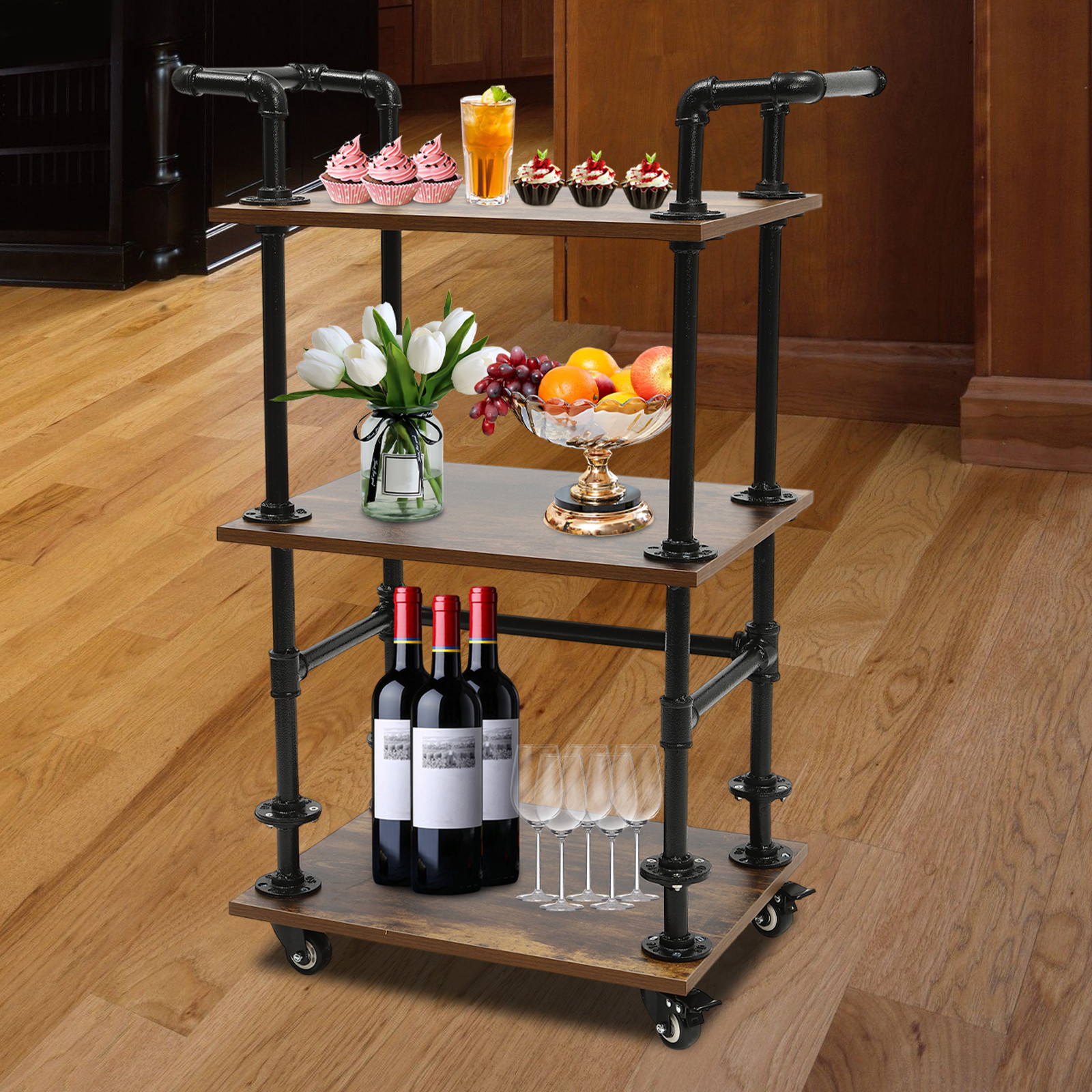 Rolling Bar Cart Mobile Bar Serving Cart 3 Tier Wine Cart Beverage Storage Rack