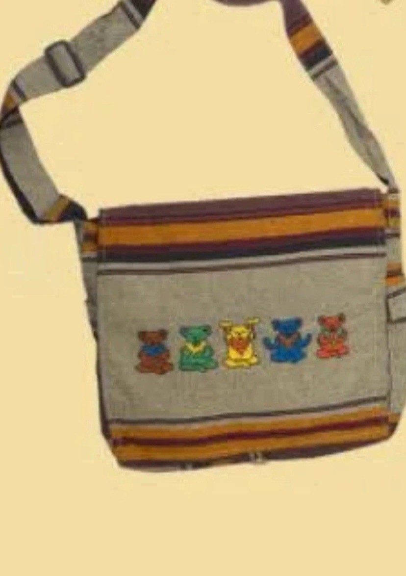 Dancing Bears embroidered tan messenger bag