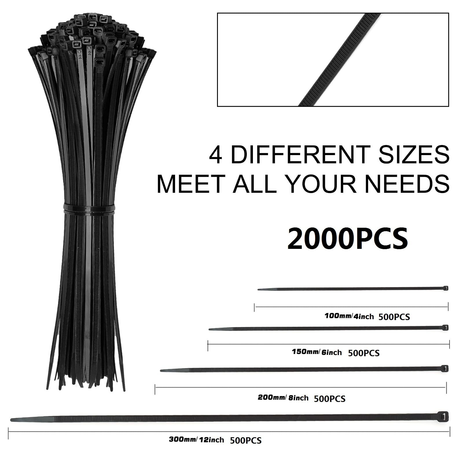 Zip Ties Assorted Sizes 4" 6" 8" 12", 2000PCS Black Nylon Cable Ties