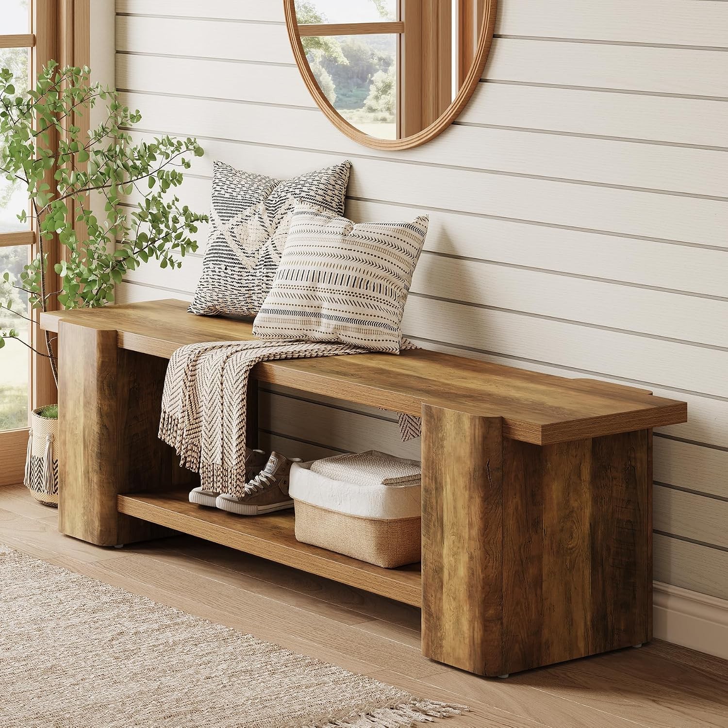 63" Wood Entryway Bench Modern Indoor Shoe Bench with Storage Shelf for Hallway