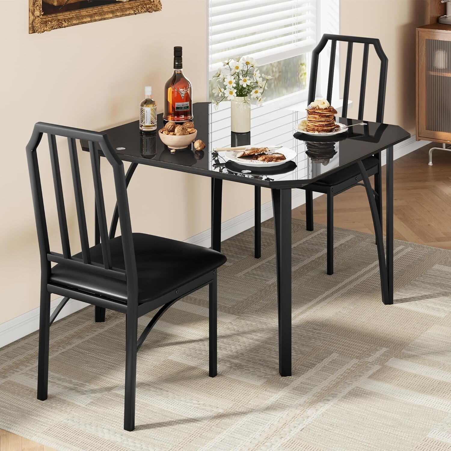 Dining Table Set for 2 Modern Dinette Kitchen Glass Table with 2 Cushion Chairs