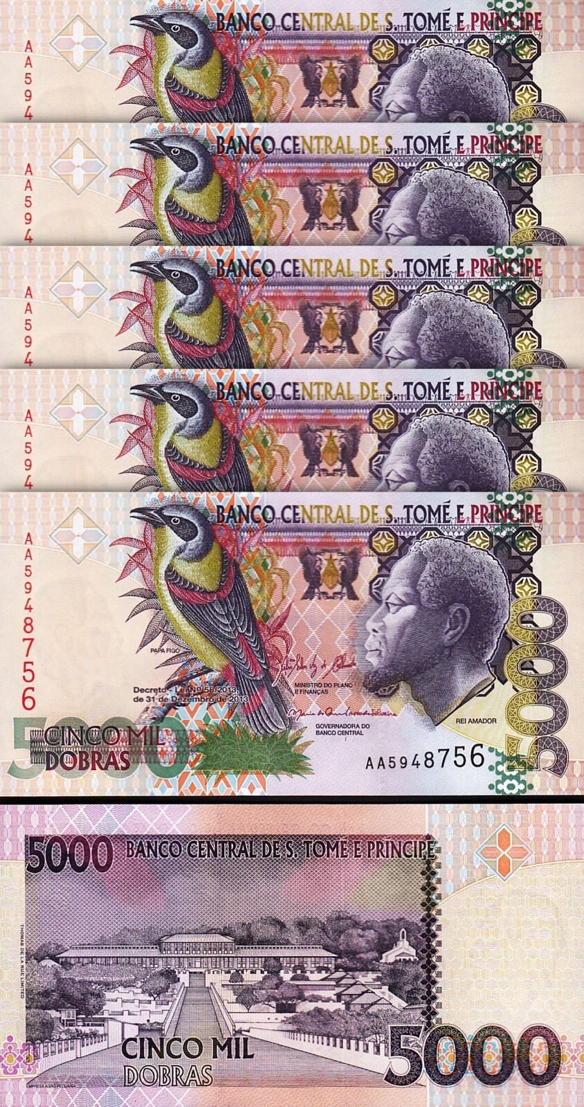 Saint Thomas, Sao Tome 5000 Dobras 2013, UNC, 5 Pcs LOT, Consecutive, P-65d, AA
