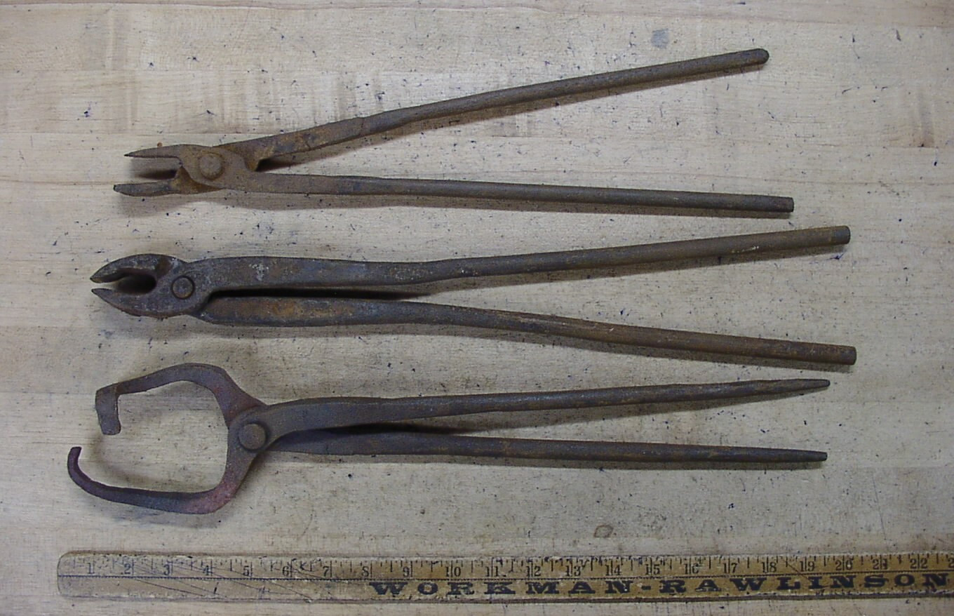 3 Antique Blacksmith Tongs For Different Applications,21-9/16-18-5/16",GOOD,LOOK