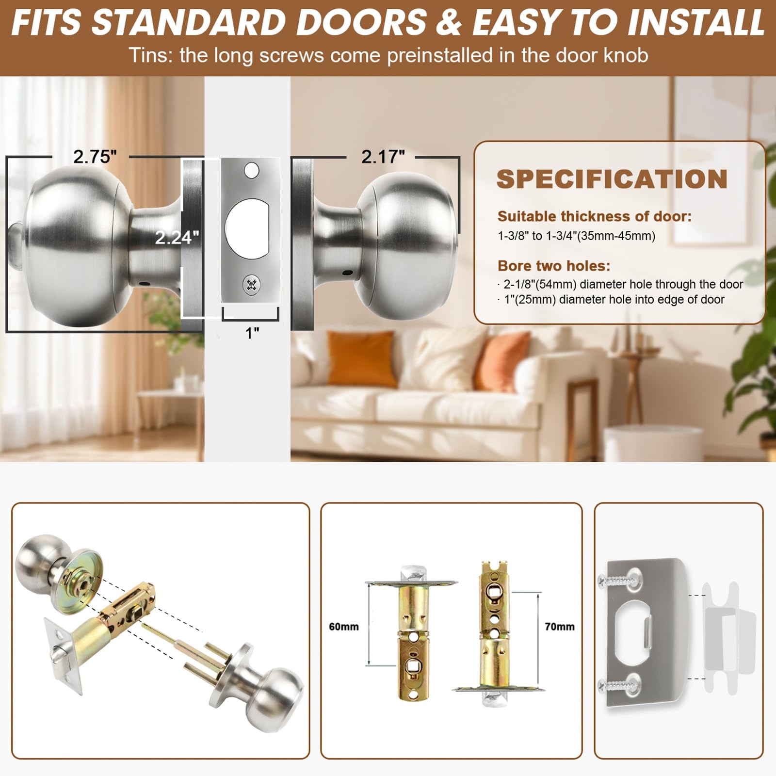 RAZCC Privacy Door Knobs, 4 Pack Satin Nickel Knobs 4 Pack,