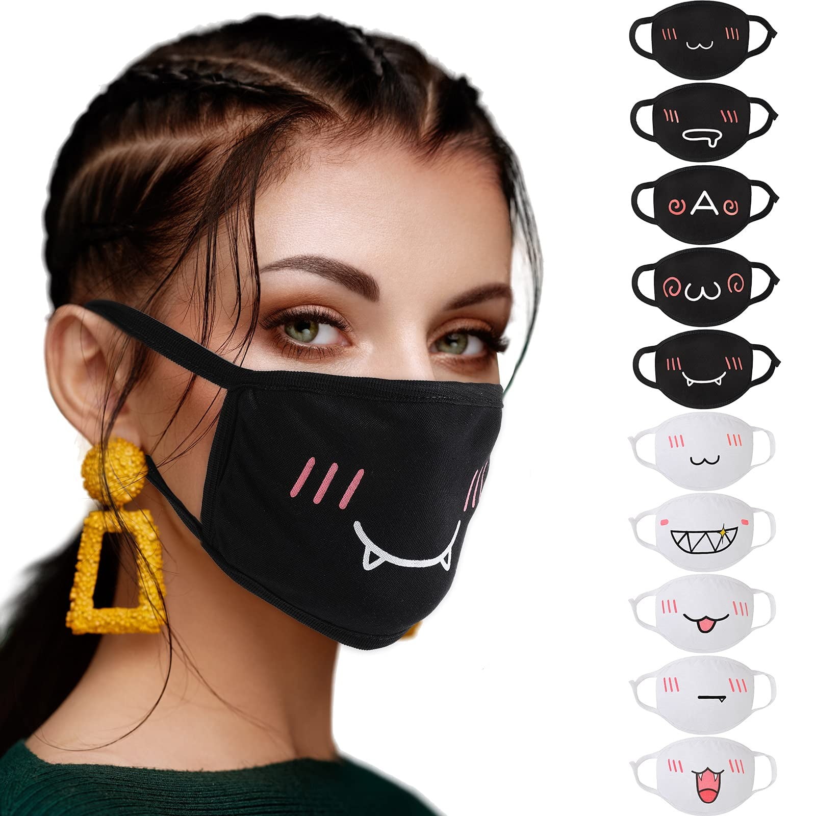 10Pcs Cute Face Mask - Black & White, Reusable Washable Cotton, for Adult Teens