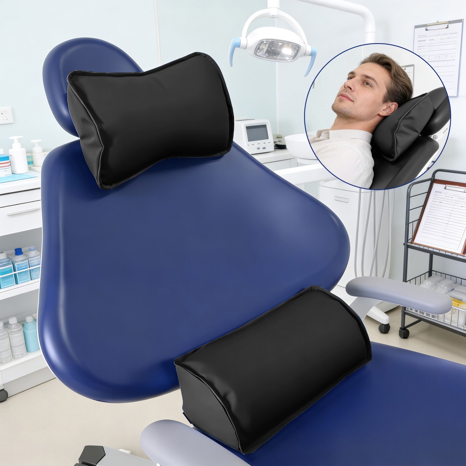 Dental Chair Neck Pillow and Lumbar Cushion Memory Foam Microfiber Leather Black