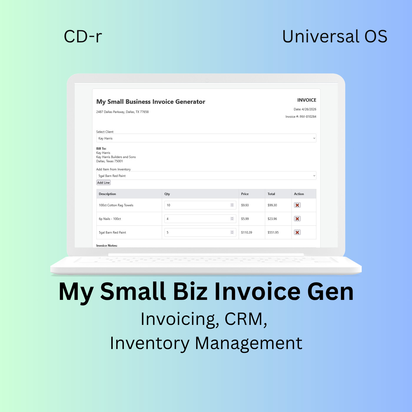 Universal O.S. - Small Business Invoice Generator, CRM and Inventory Management