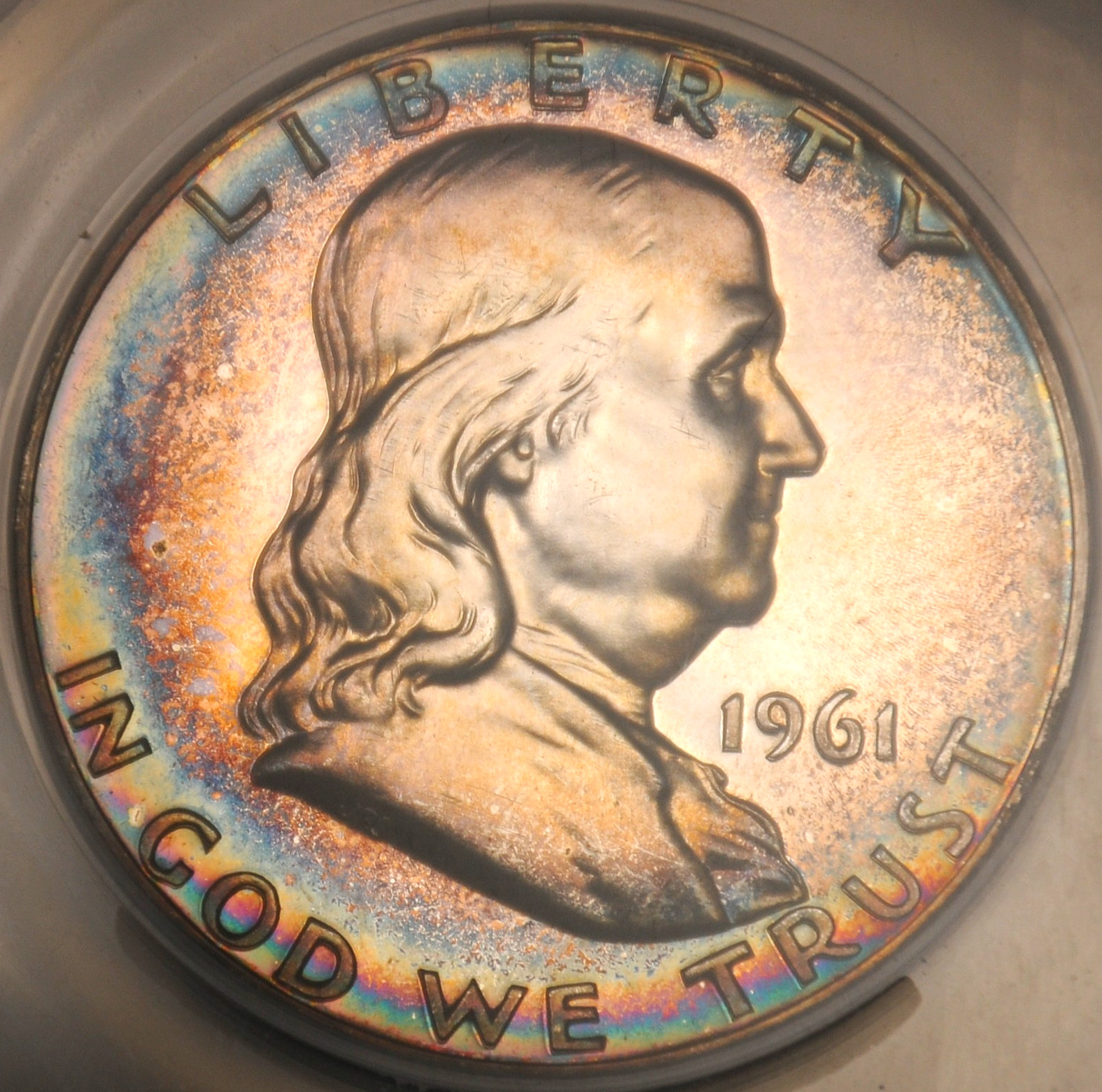 1961 Franklin Silver Half Dollar 50C ANACS PF63 Ultra Cameo Rainbow Toning Star