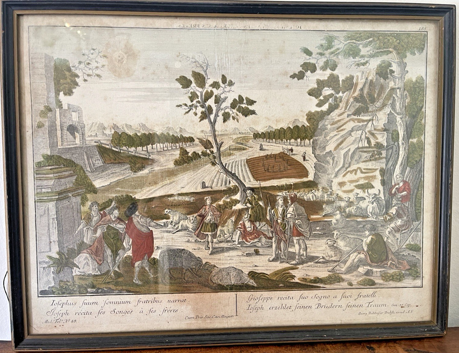 18th C Augsburg Probst Hand Colored Engraving Joseph Biblical Scene