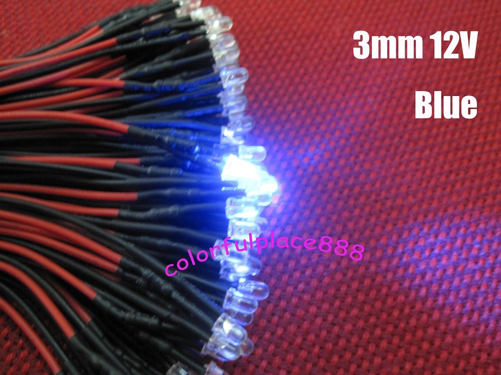 20pcs, 3mm Blue 9V 12V DC Round Pre-Wired Water Clear LED Leds Light 20CM New