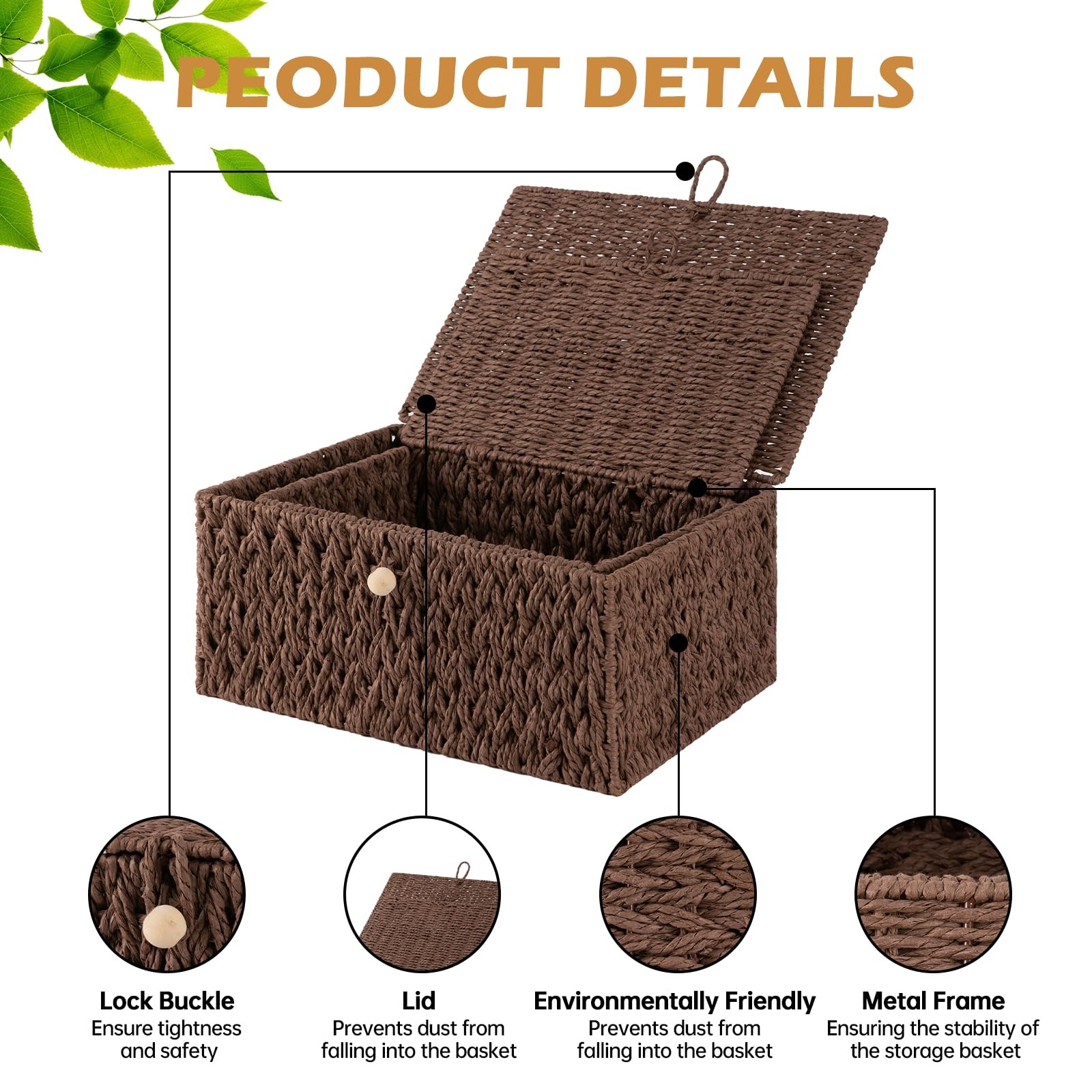 OIAHOMY Wicker Storage Basket Lid & Lock, Lidded Storage Bins, Decorative