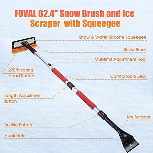 6.4" Extendable Ice Scraper Snow Brush with Squeegee for Windshield Large 2
