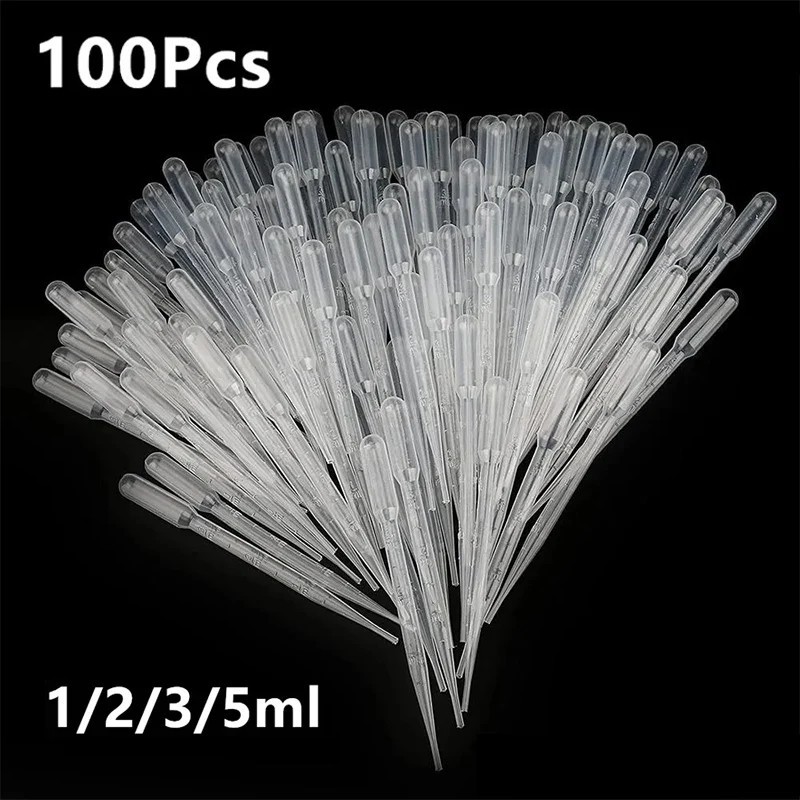100pcs Disposable Plastic Pipettes: 1/2/3/5ml Graduated Transfer Droppers - NEW