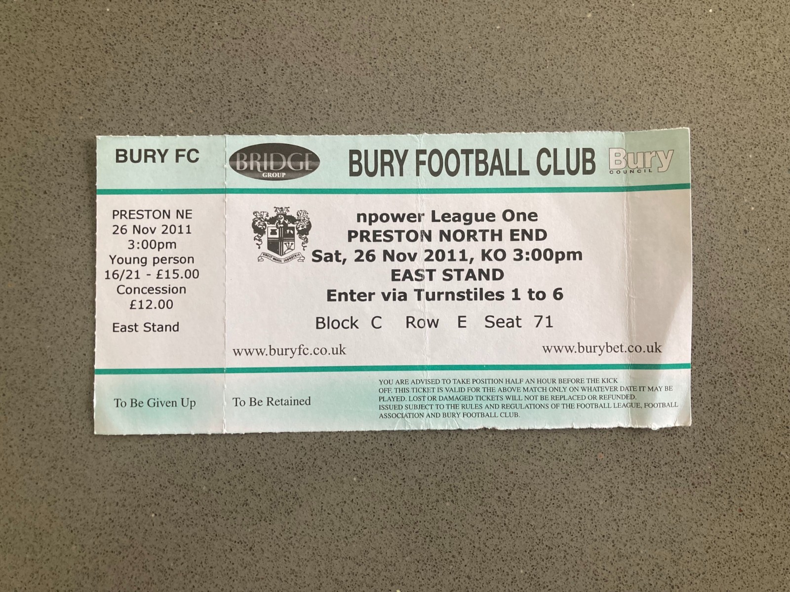 Bury v Preston North End 2011-12 Match Ticket