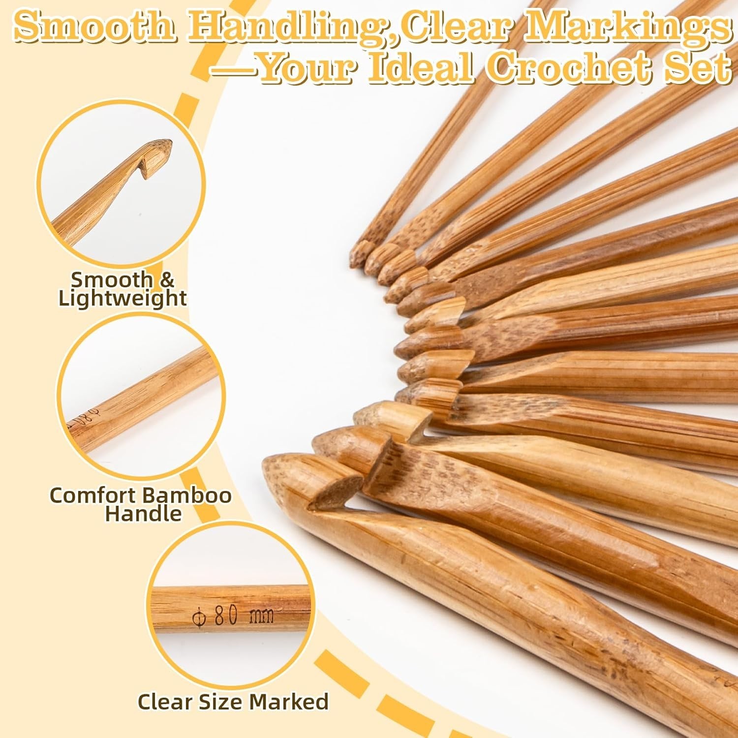 32 Pcs Bamboo Set - Crochet Hook Set Knitting Needles Kit,Including 12 Sizes ...