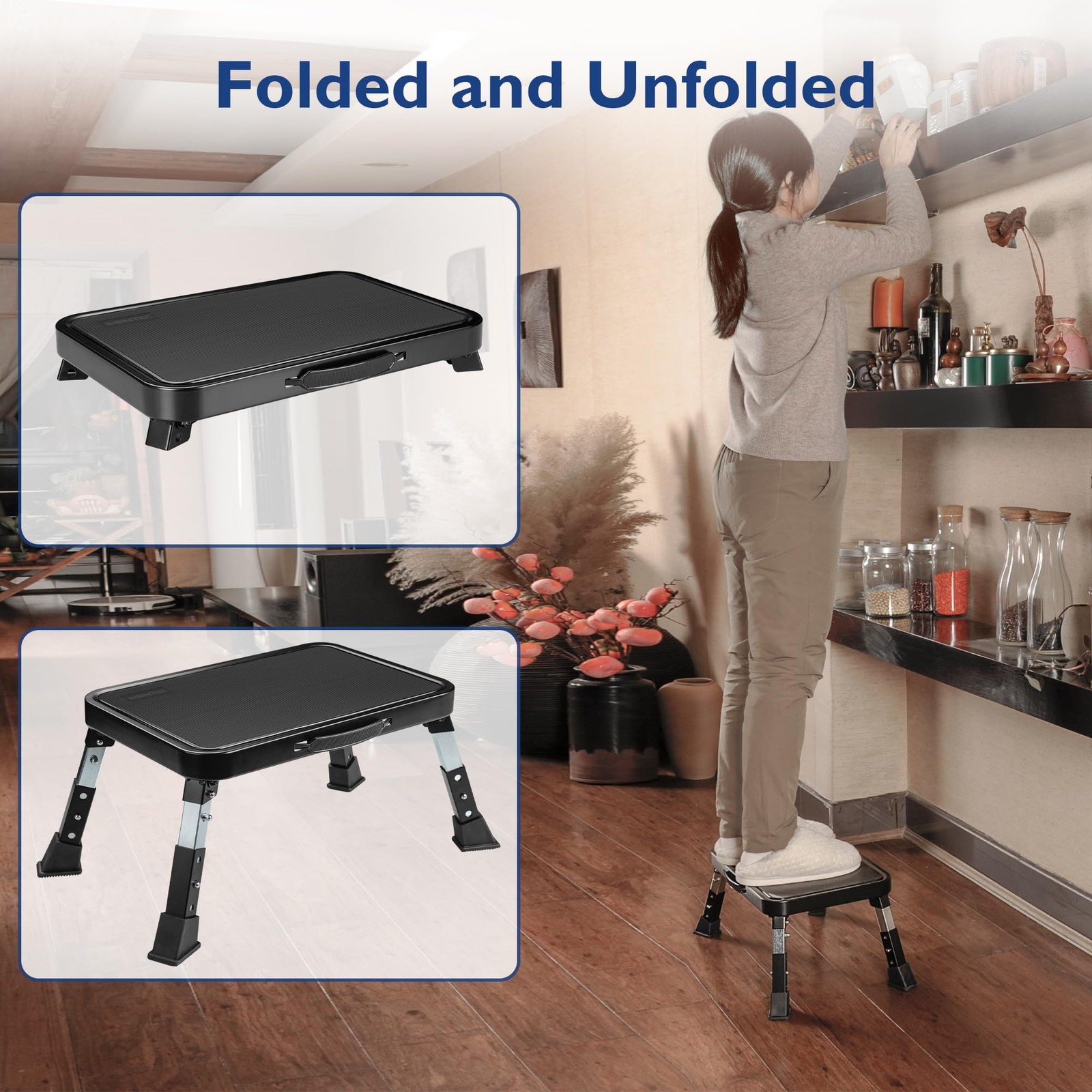 BONTEC Folding Step Stool, 3-Level Adjustable Metal 6.3-8.3 inch, Black