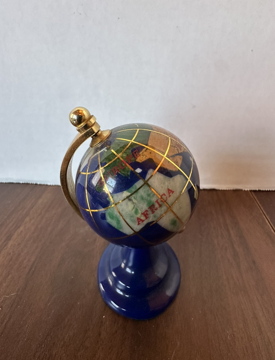 Gemstone World Globe And Brass Blue Multi Colored  Beautiful Desk Top World Mini