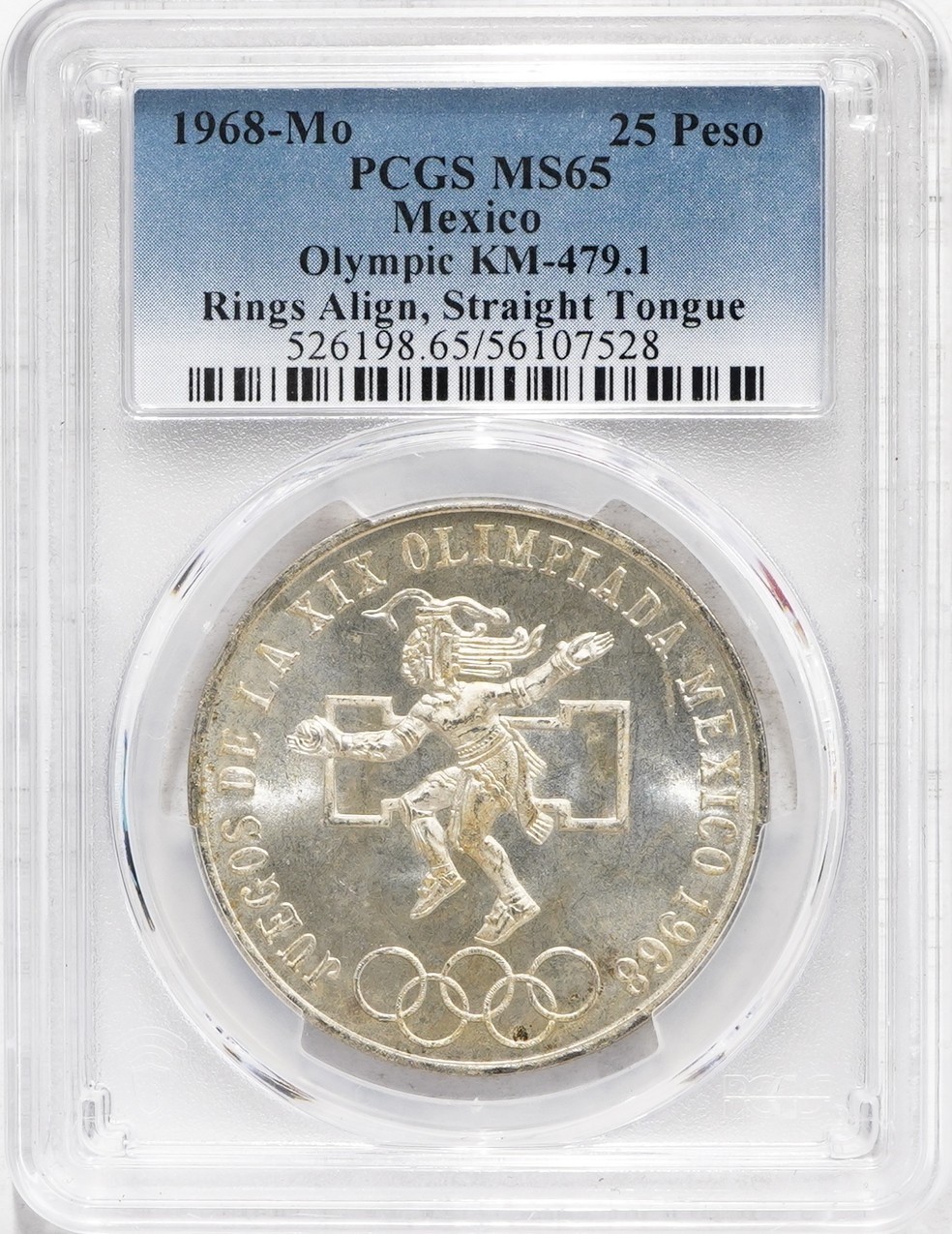 1968-Mo Mexico Olympic 25 Peso PCGS MS65 Rings Align, Straight Tongue