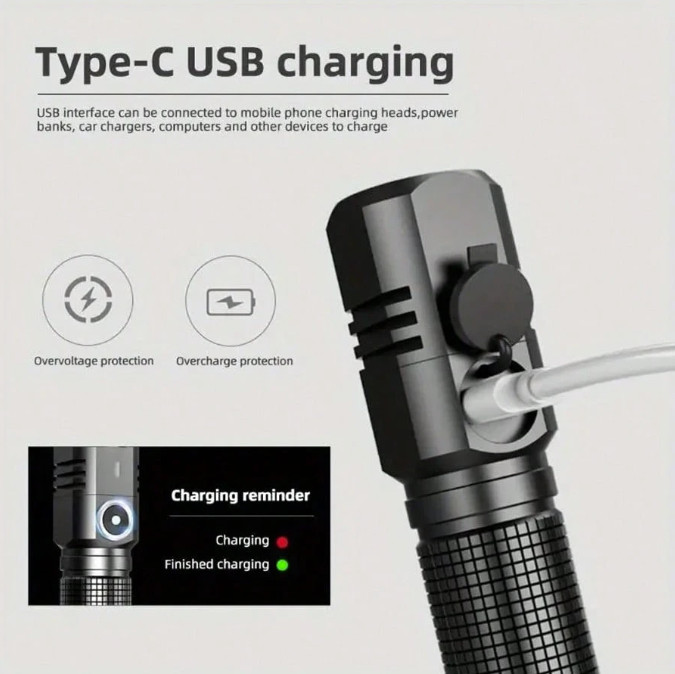 1pc Mini LED Flashlight: XHP70 Rechargeable Torch w/ Built-in Battery - NEW