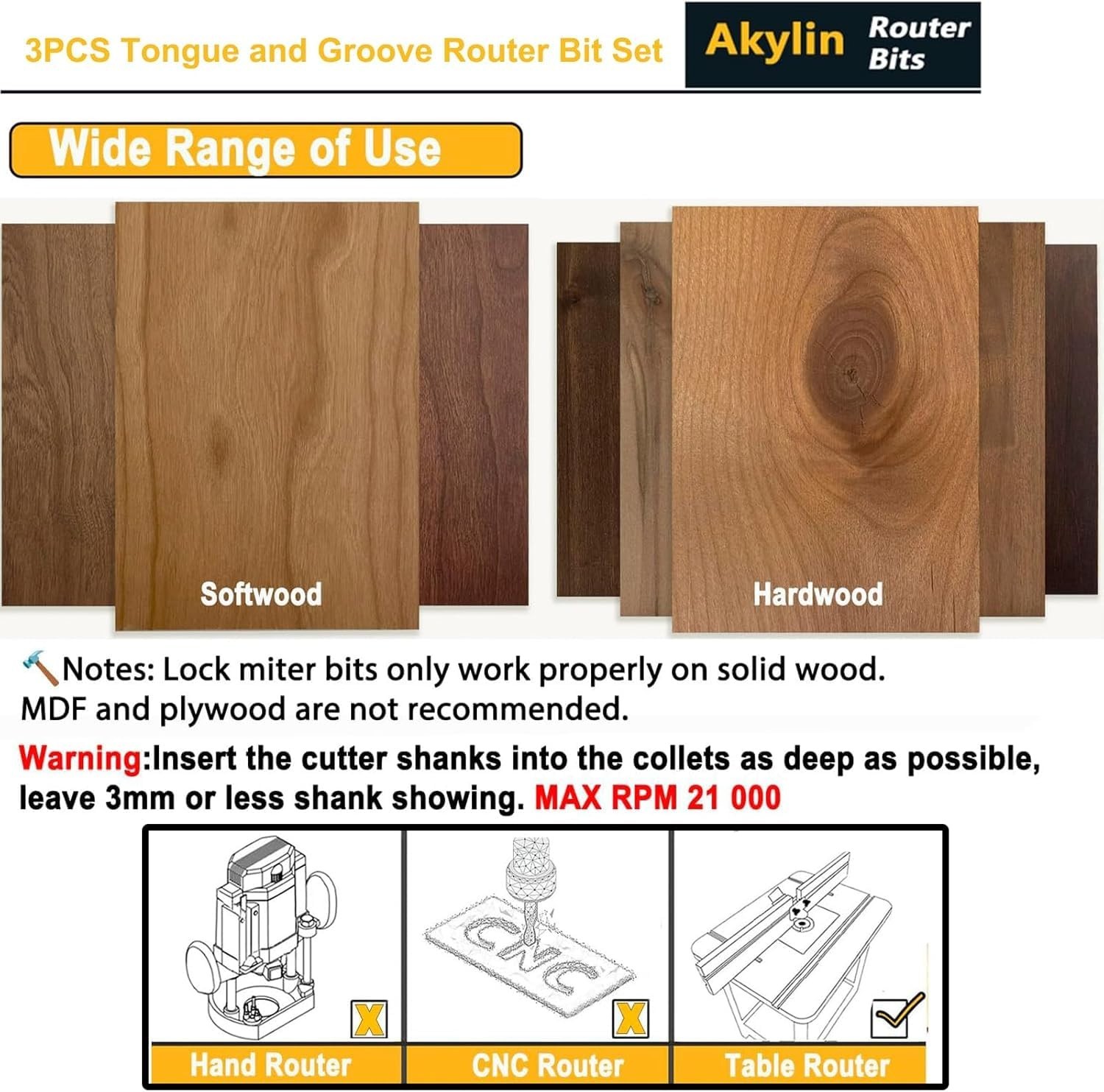 3Pc Tongue and Groove Router Bit Set 1/4 Shank,45 Degree Lock Miter Bit,3 Tee...