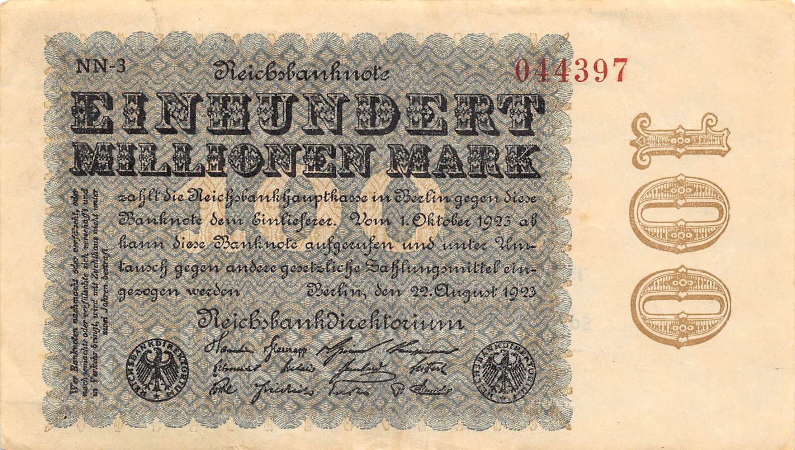 Germany  100 Millionen Mark  22.8..1923  Series  NN - 3  Circulated Banknote