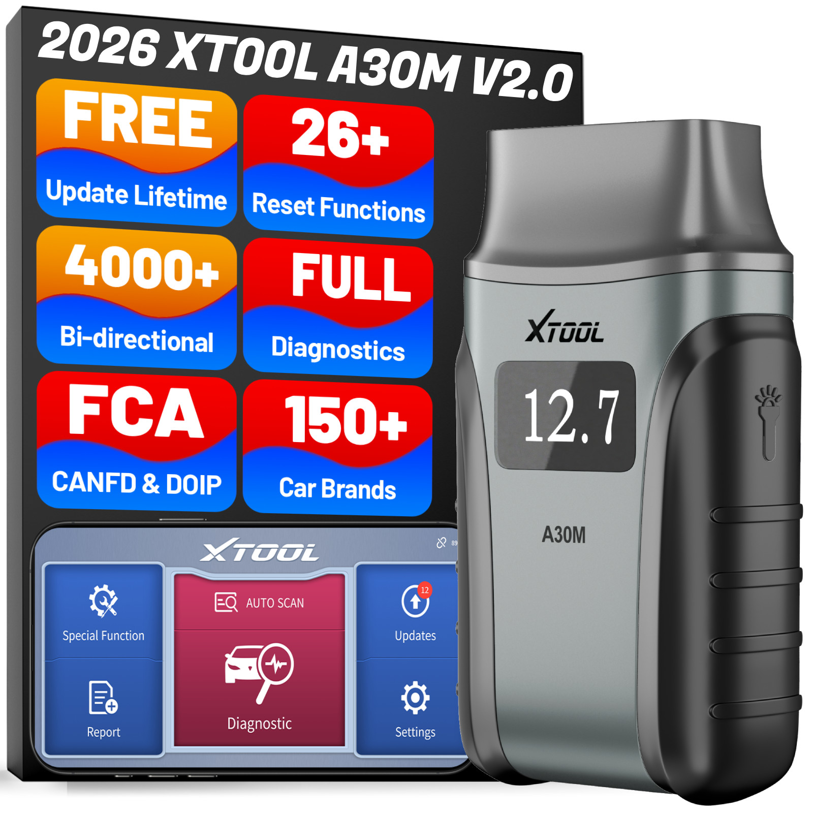 XTOOL A30M V2.0 OBD2 Diagnostic Tool Auto Bidirectional BT Scanner Full System