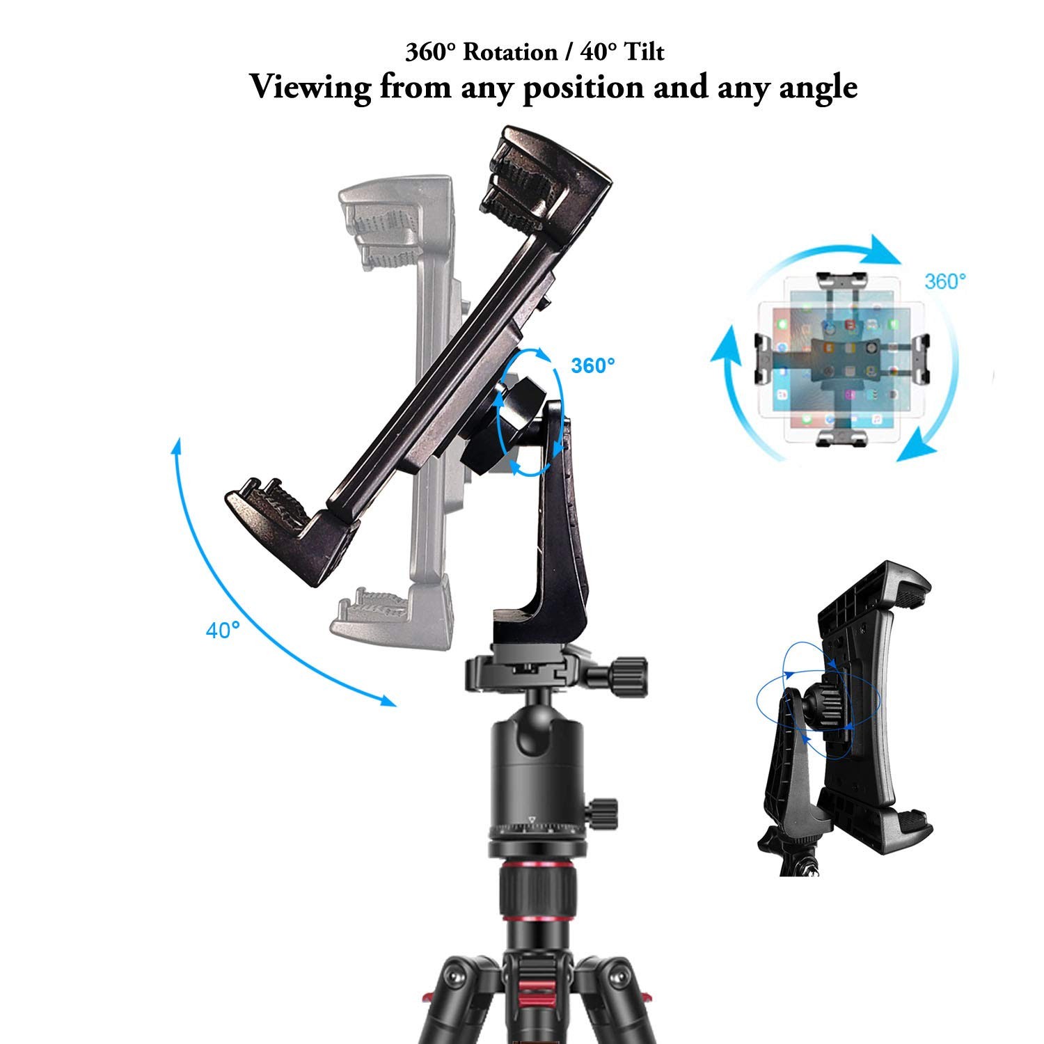 IPad Tripod Mount Adapter 360 Degree Rotatable Universal Tablet Clamp Black