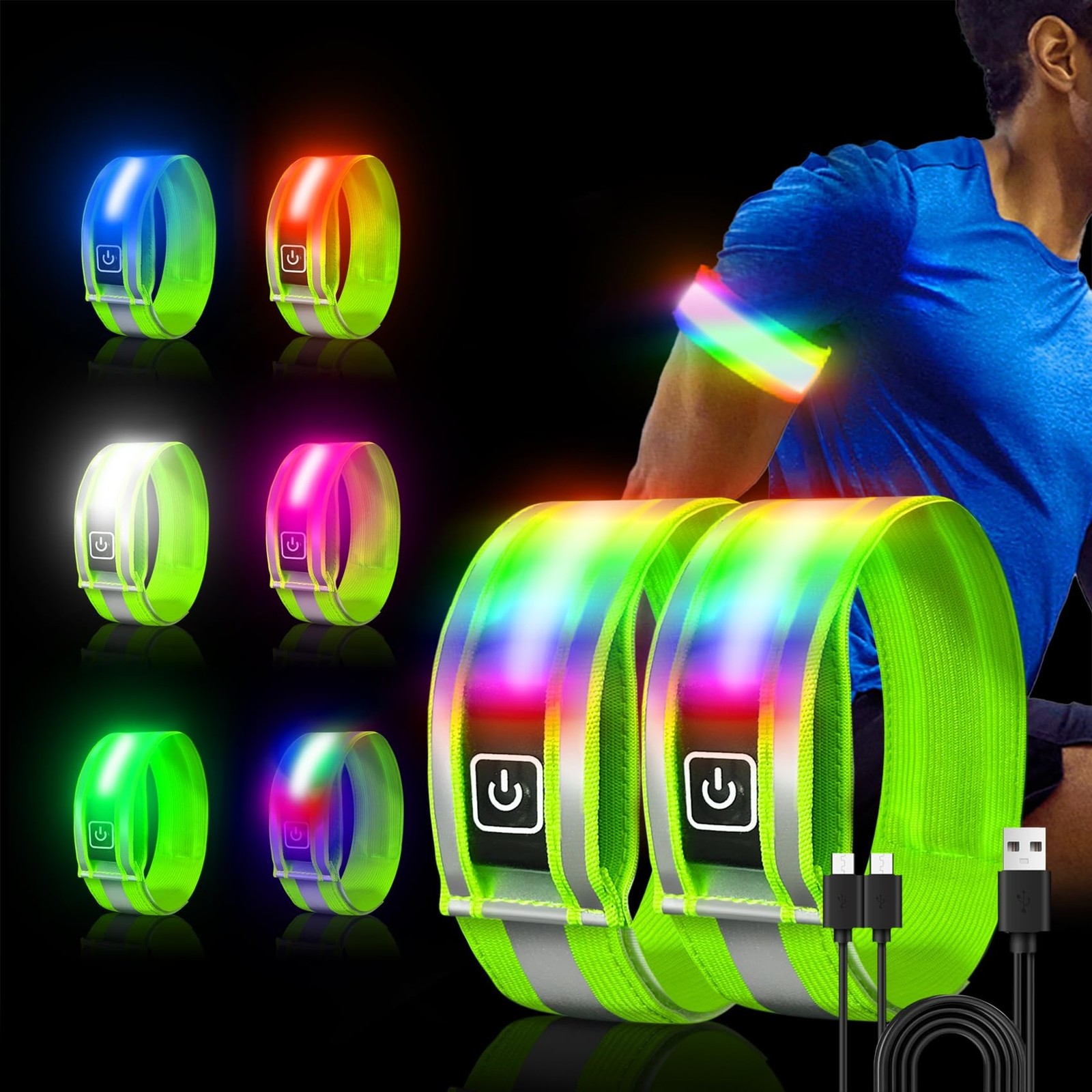 2 Pack Rechargeable LED Armbands for Running, High Visibility Reflective Runn...