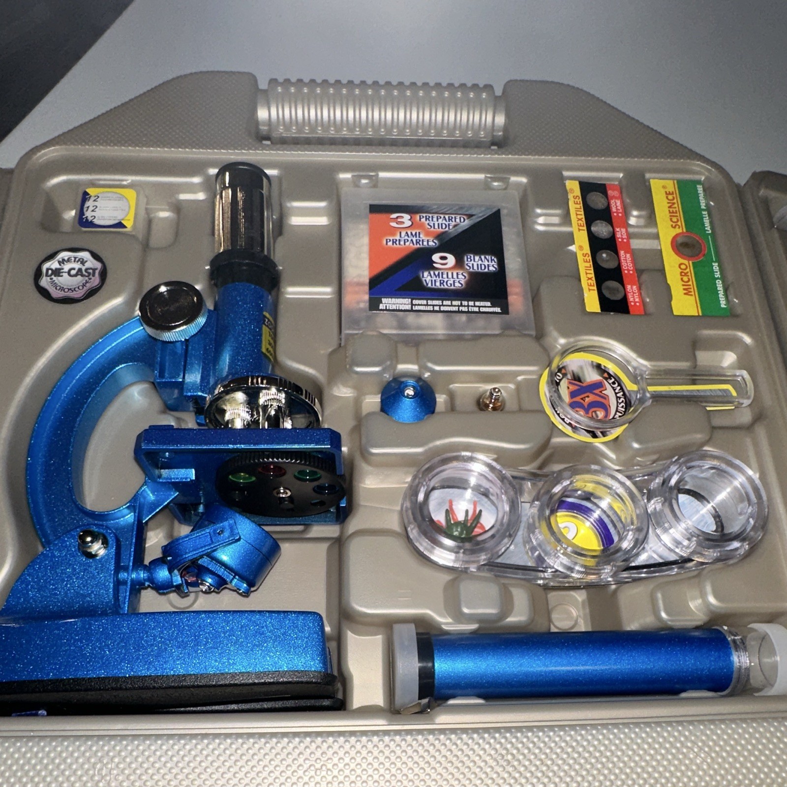 Micro-Science Complete Microscope metal Set Kit w/ Case, Slides & Accessories