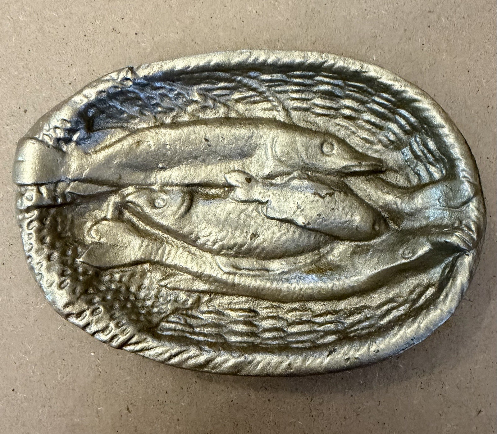 Antique 1910s Arts Crafts Era Bronze Ashtray Trinket Dish/Bowl Of Fish In Basket
