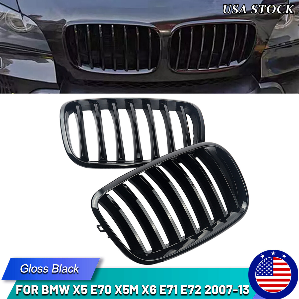 Pair Front Gloss Black Kidney Grille Grill For BMW X5 E70 X5M X6 E71 E72 2007-13