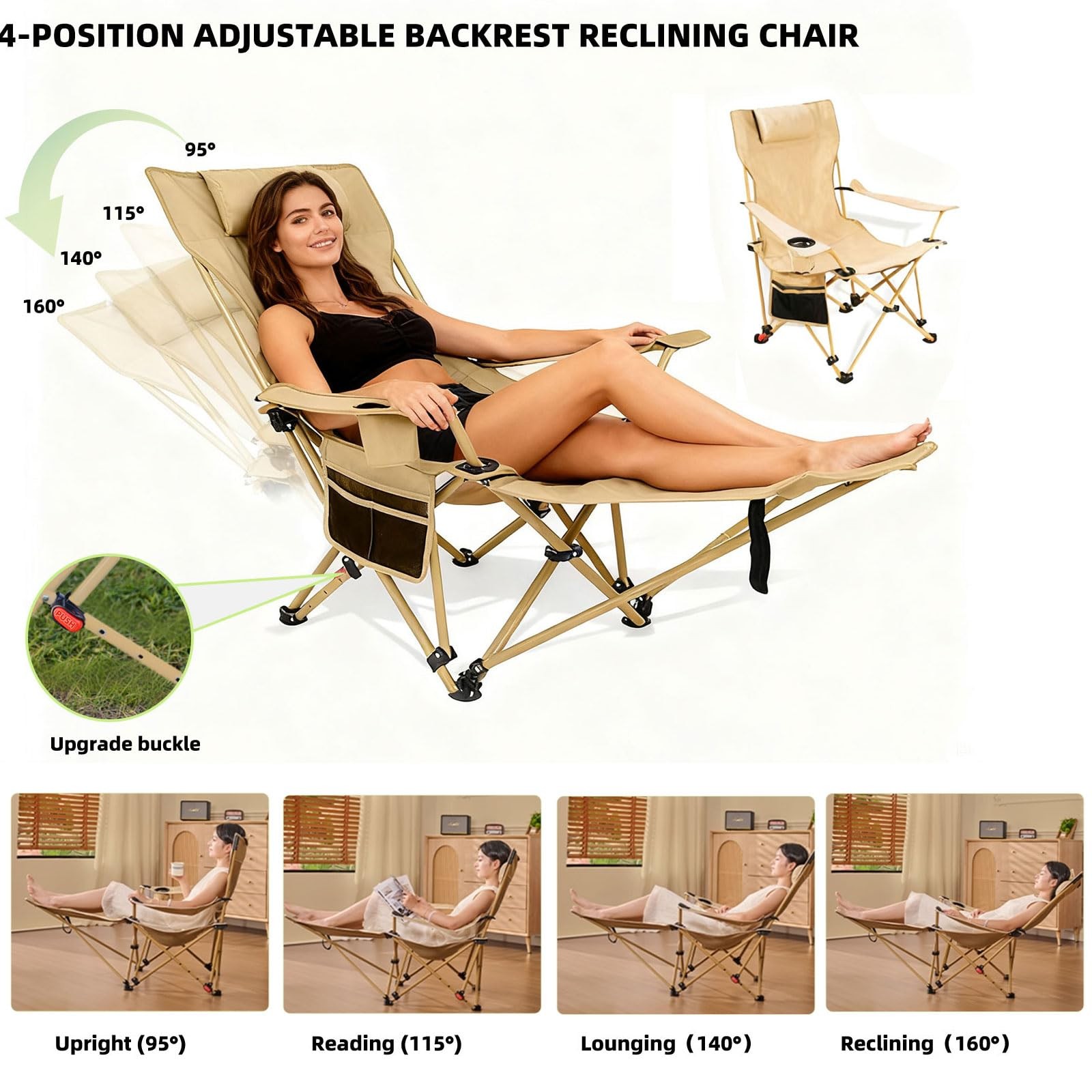 Reclining Camping Chair with Footrest, 4-Position Adjustable Back Folding Lou...