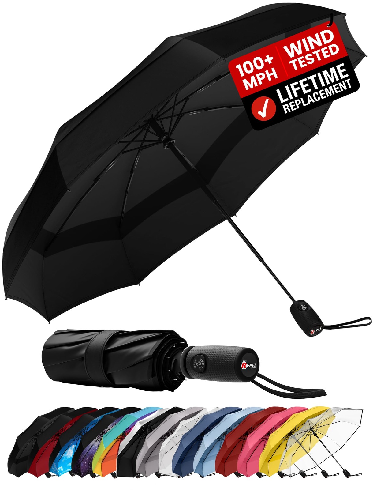 Windproof Travel Umbrella - Compact & Withstands Winds up to Standard, Black