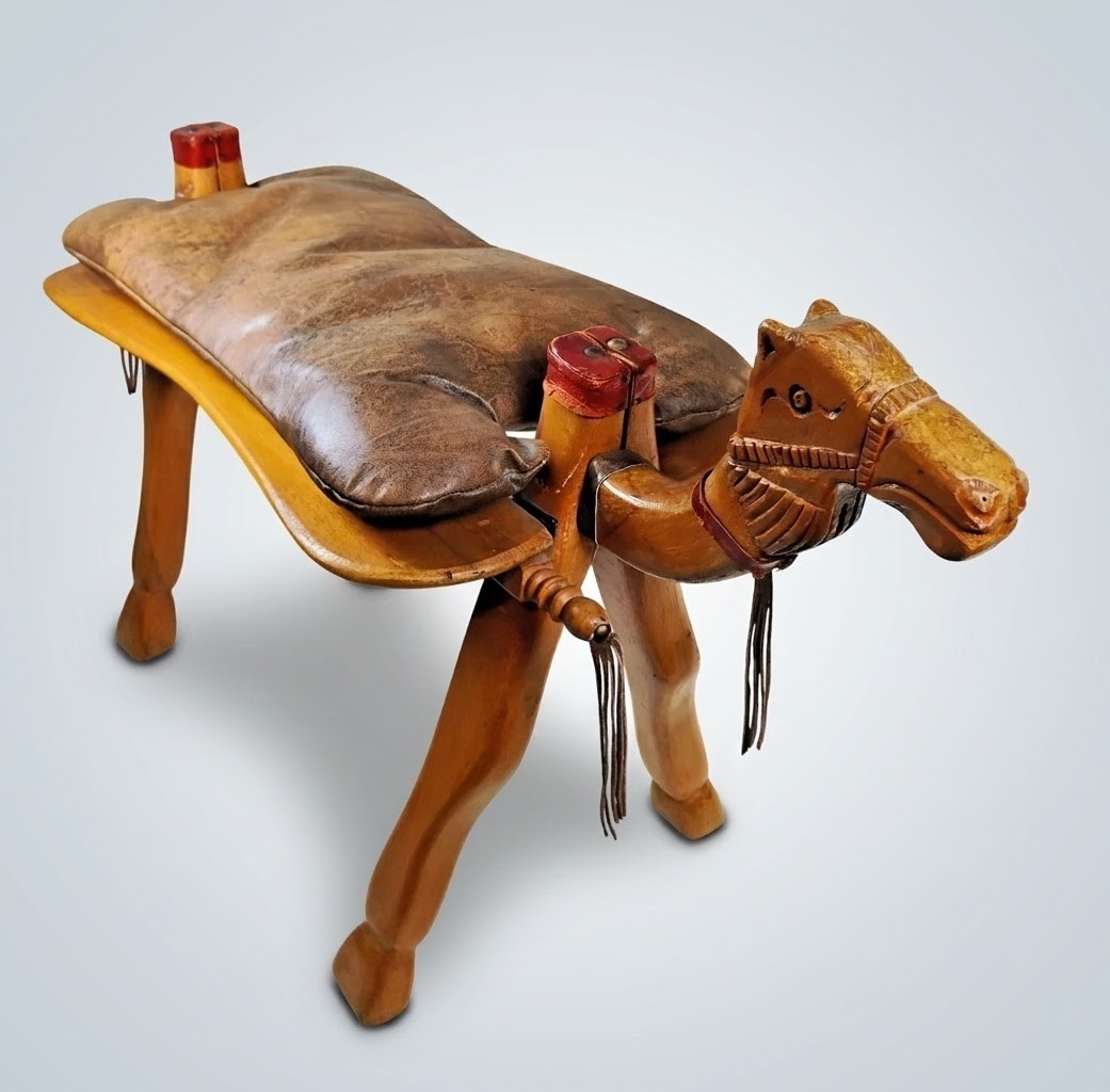 Vtg 1950s Moroccan Camel Saddle Stool - Hand Carved Wood & Leather - MCM Boho