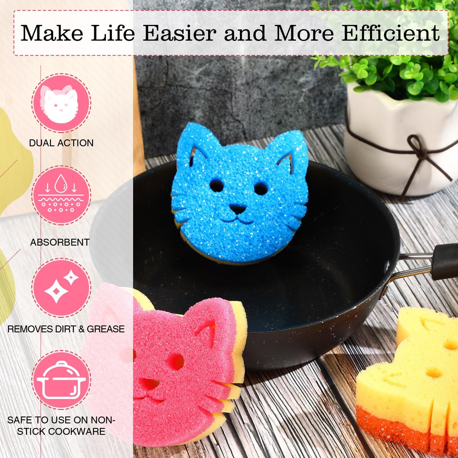 3 Pcs Dual Sided Scrub Sponge Multi Functional Cute Temperature Sensitive