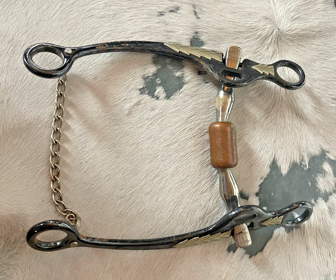 Long Shank Snaffle Bit Five and a half in Mouth Copper Roller chain Black Silver