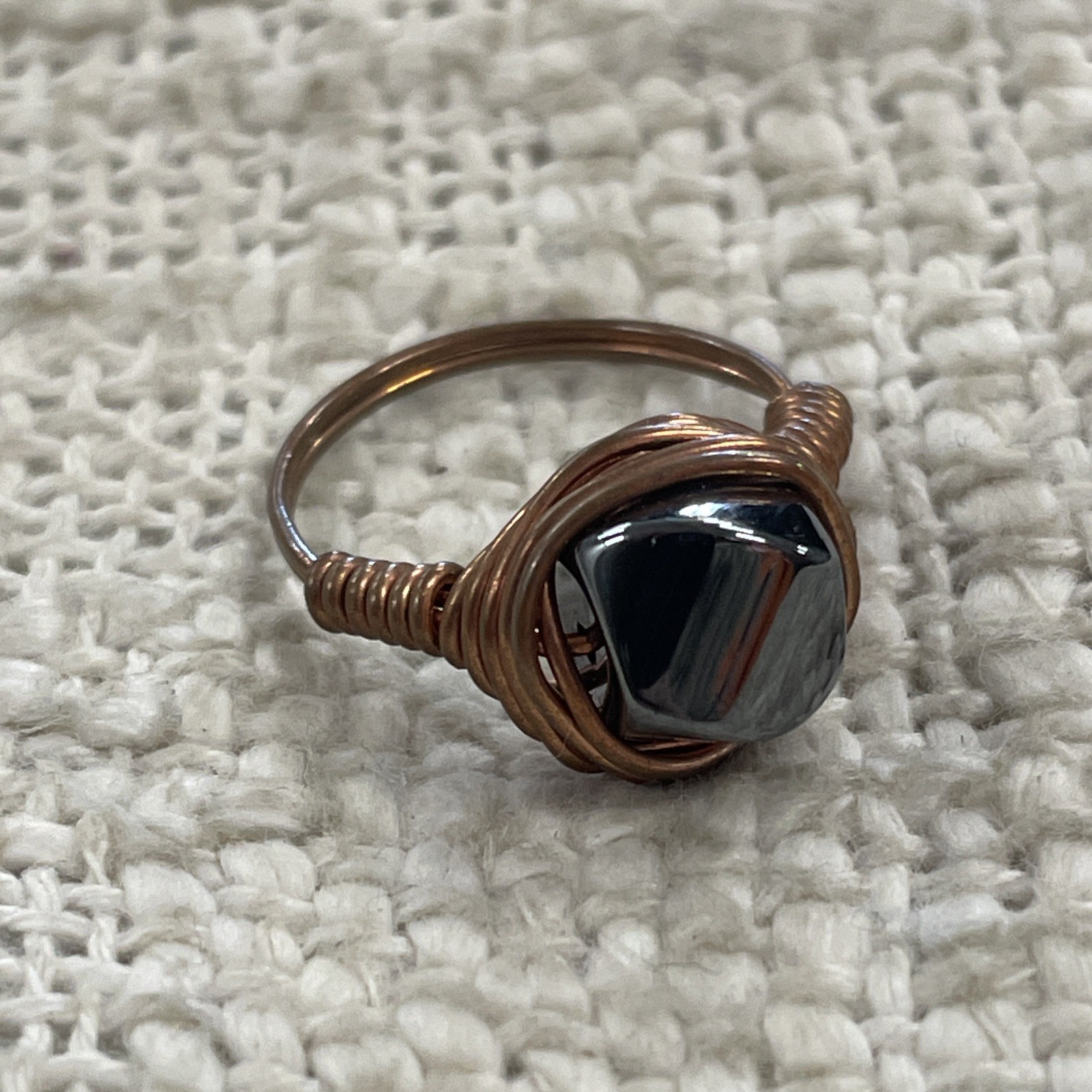 Copper Wire Wrapped Polished Gray Stone Ring Size 6.25