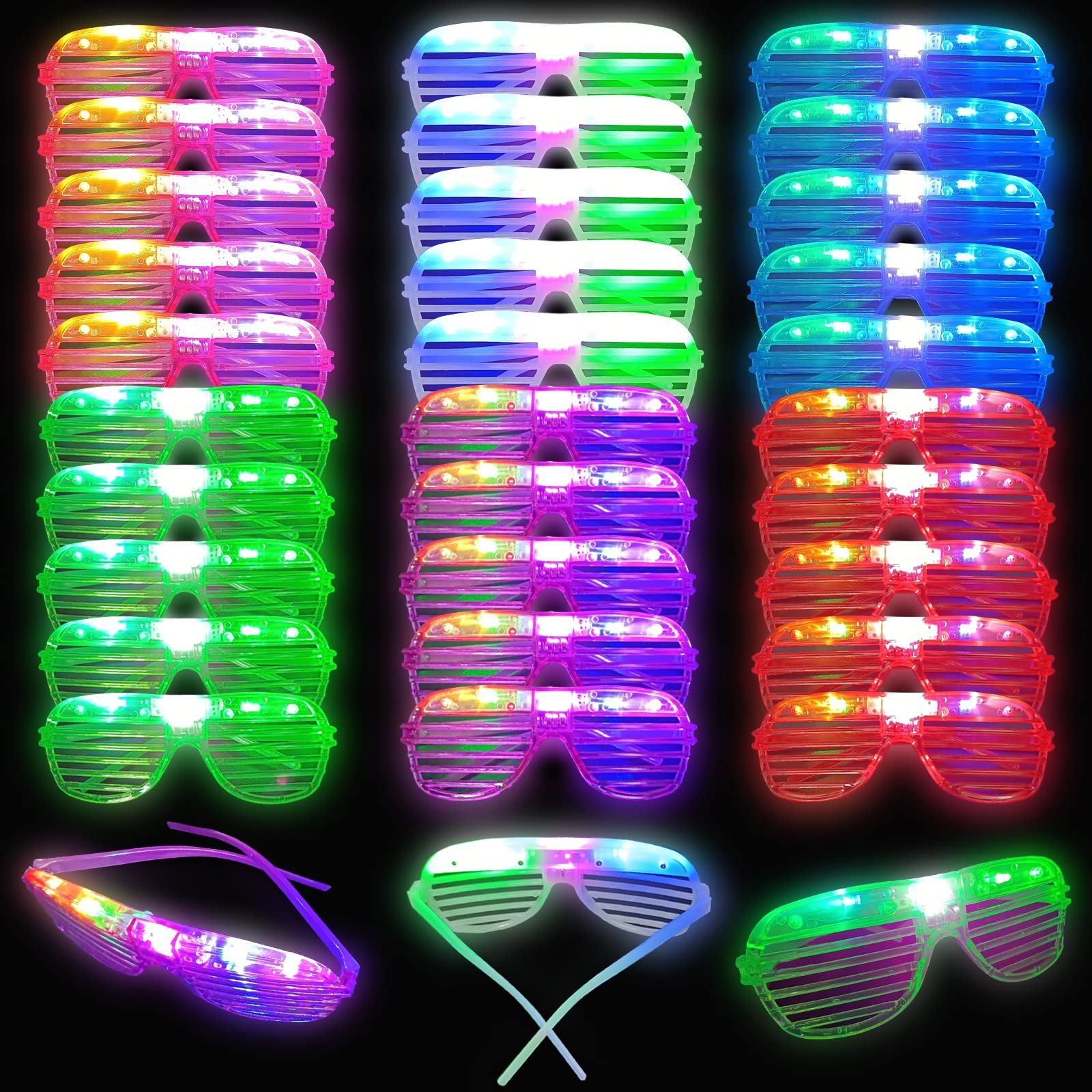 BATWEET 30 Pcs Glow In The Dark Glasses, 6 Colors LED 6x2 in, 30glasses