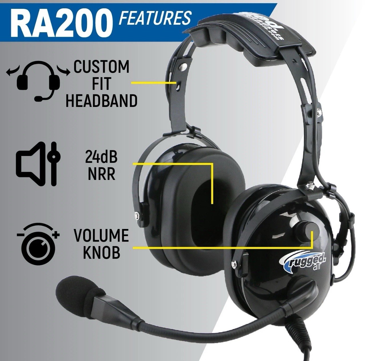 Rugged Air RA200 General Aviation Student Pilot Headset Music Input A20 GA Plug