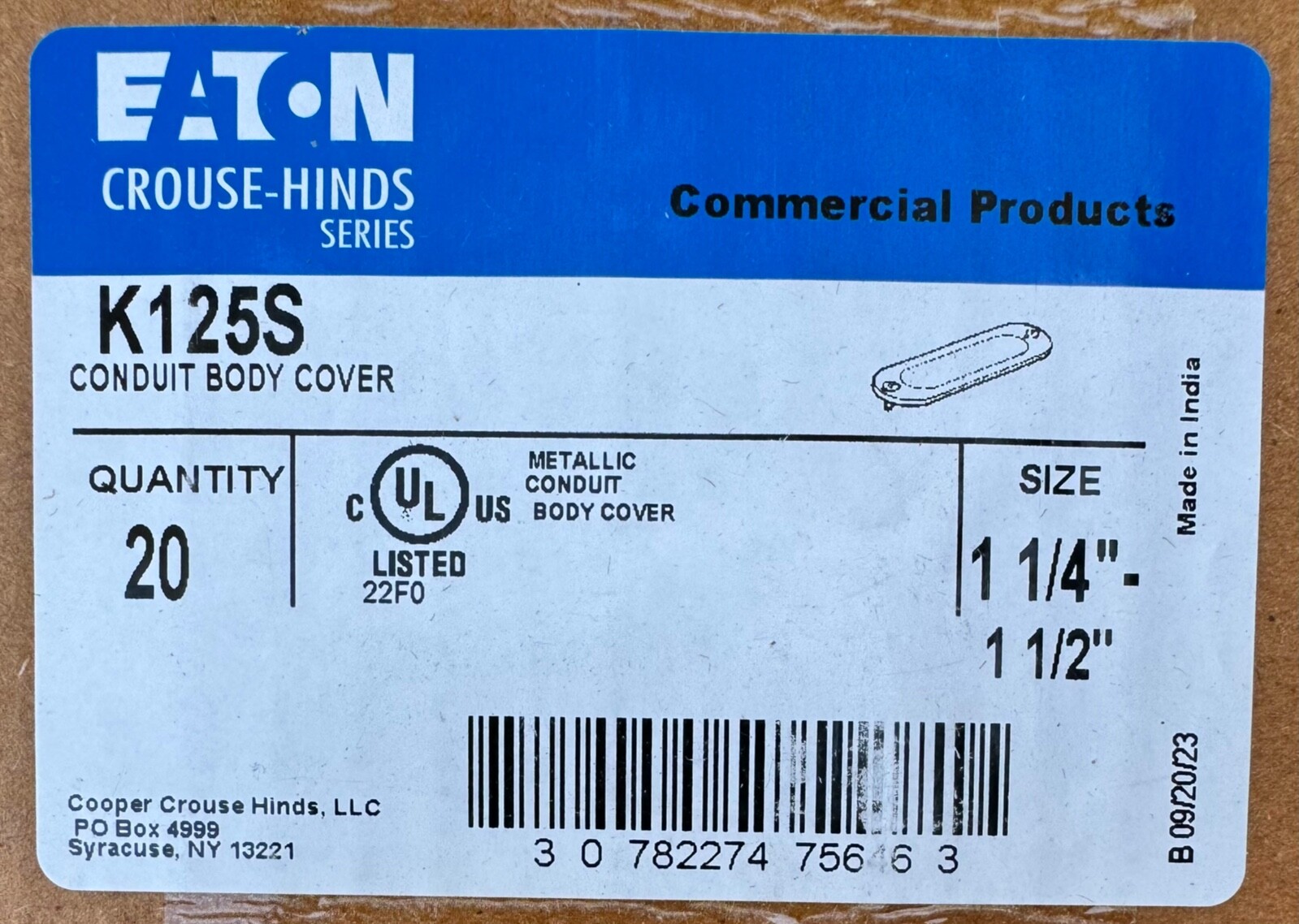 EATON Crouse-Hinds K125S, 1-1/4" or 1-1/2", Steel Conduit Body Cover (Box of 20)