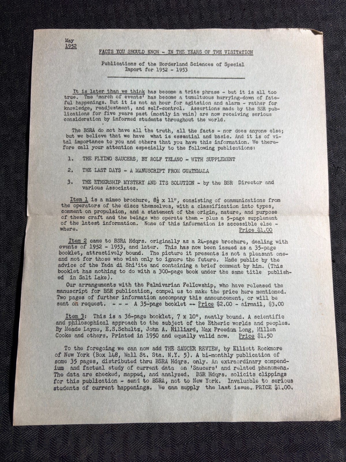 1952 BORDERLAND SCIENCES RESEARCH 1pg In the Years of the Visitation UFO